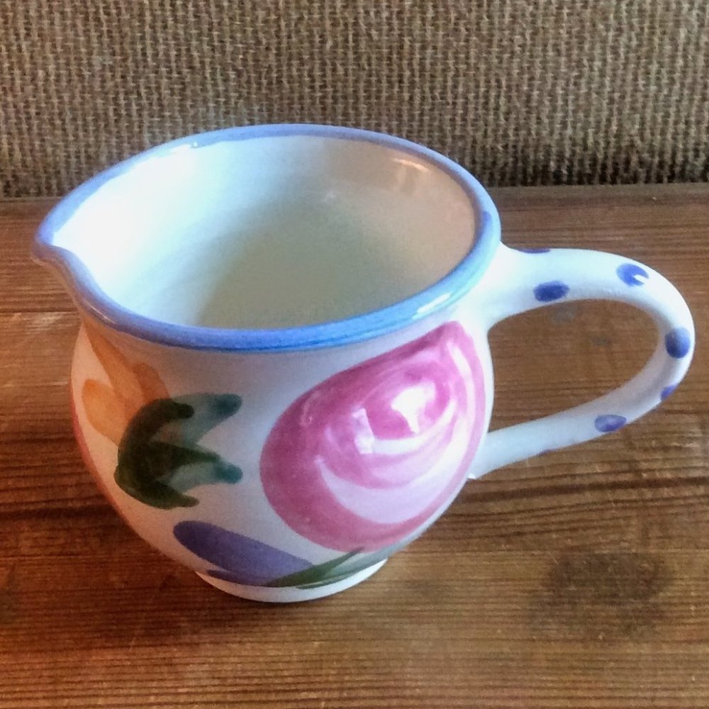 Vtg Hand Painted Pottery Creamer Floral Motif Polka Dot Country Kitchen Decor - Picture 2 of 7